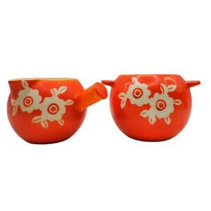 Orange Porcelain Sugar Bowl & Creamer Deco Nippon Cherry Blossom Pattern 1940s